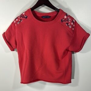 American Eagle Outfitters Red Cuffed short sleeve floral embroidered shirt